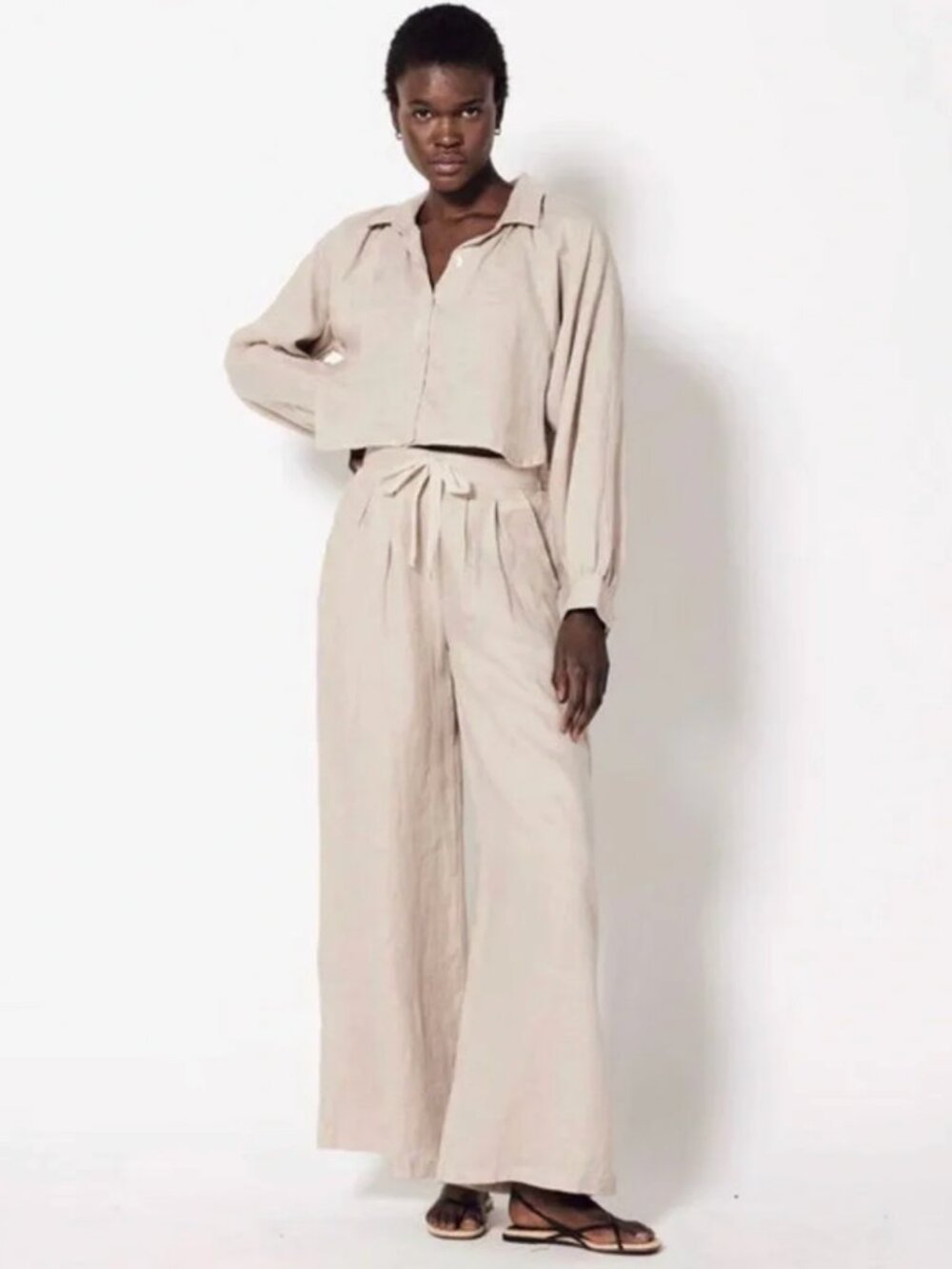 Cleobella Natural-Tone Linen Set - Wide Leg Pants and Cropped Top - Picture 2 of 4